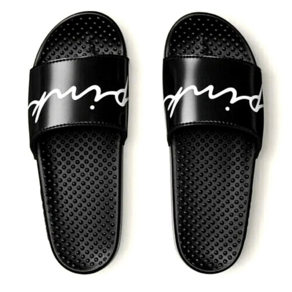 Victoria's Secret Pink Single Strap Slides Sandals Black Script Logo